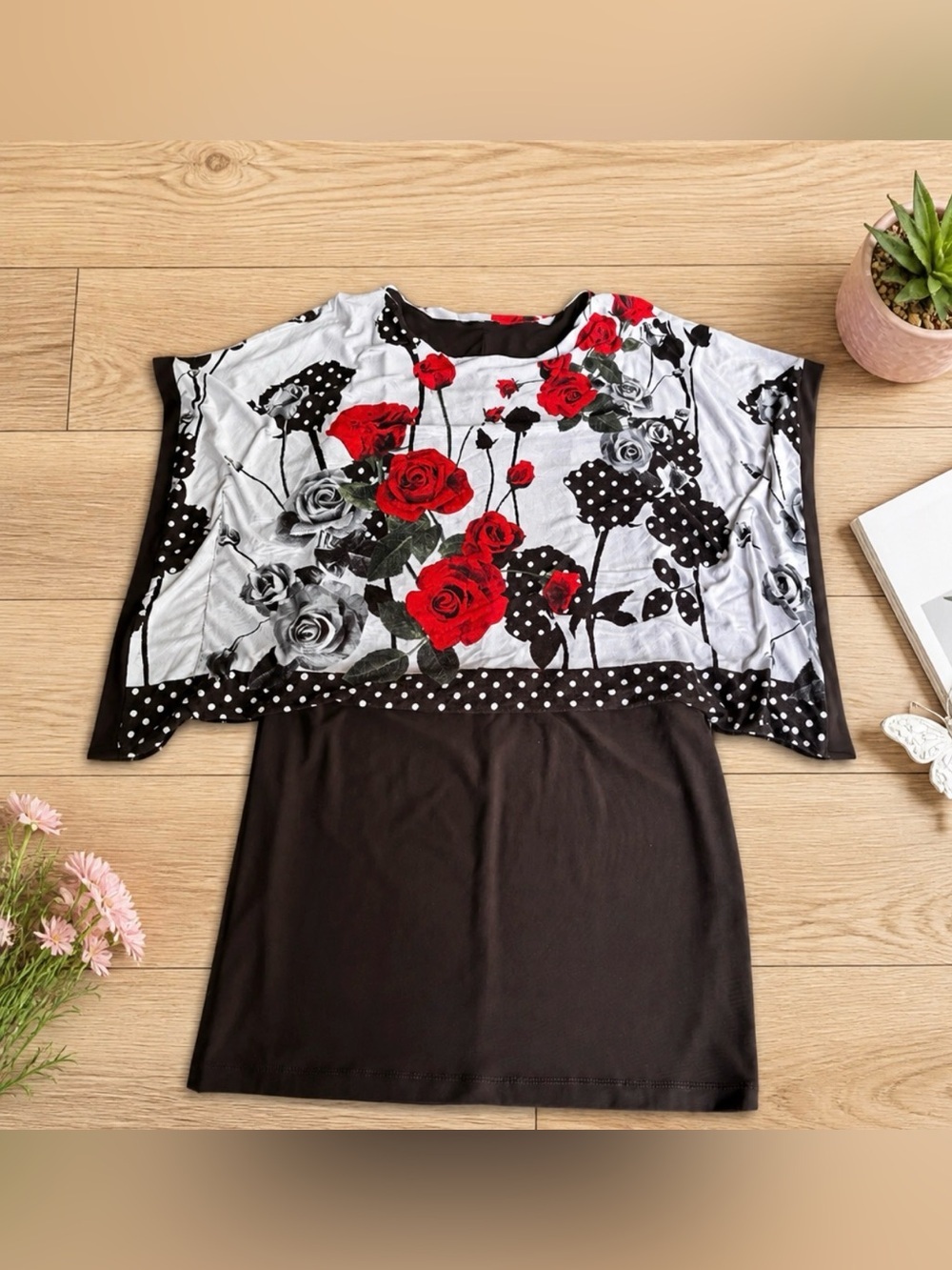Black & White Floral Drop-Shoulder Top with Red Rose Accents